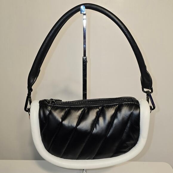 Think Royln Small Crescent Shoulder Crossbody Bag 2 Strap Colorblock Black Tan - Picture 2 of 12